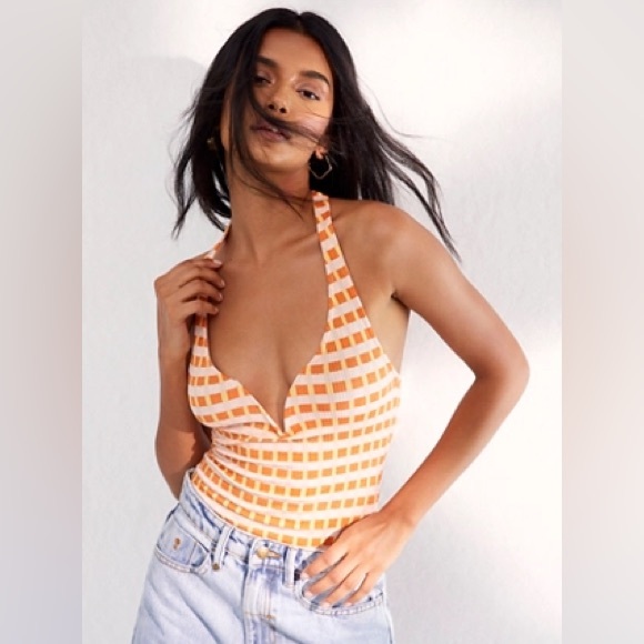 Free People Tops - Free People Lola Halter Bodysuit Lemon Combo Small